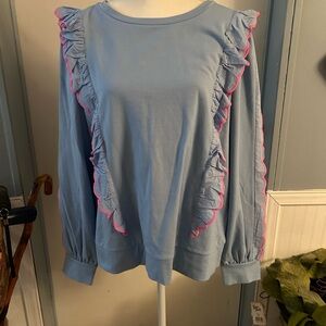 Lilly Pulitzer Blue Periwinkle Suzy Sweatshirt with Pink Ruffle Trim
